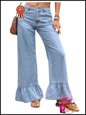 Boyfriend Ruffle Wide Leg Mid Rise Flared Denim Palazzo Jeans Loose Fit